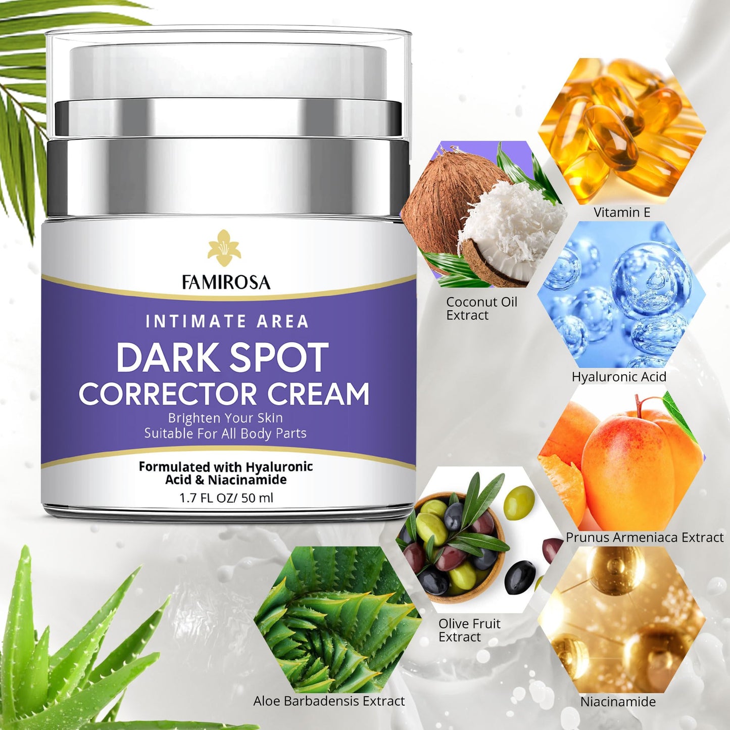 Famirosa Dark Spot Corrector Cream-Underarm Cream for Armpit, Neck, Knees, Elbows, Inner Thigh, Private Parts- Intimate Skin Cream- Formulated with Hyaluronic Acid, Niacinamide and Vitamin C-50 ml