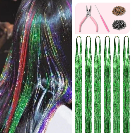 Fiwecos Green Hair Tinsel Kit 48 Inches 1200 Strands with Tools and Instruction Easy to Install Fairy Glitter Tinsel Hair Extensions for Women and Girls，Shinny Sparkling Braiding Hair Accessories