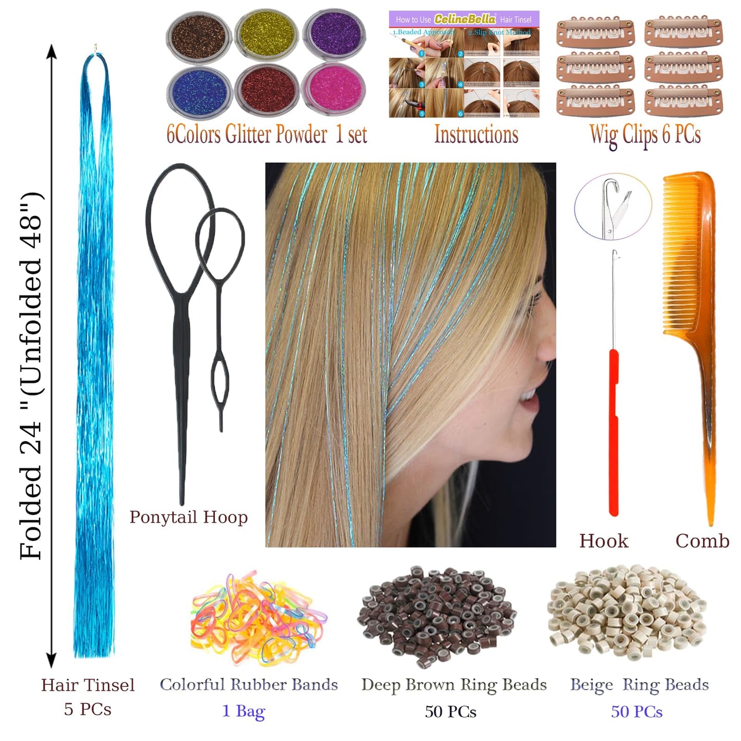 CelineBella Blue Tinsel hair Heat Resistant Fairy Hair Tinsel Extensions 48 Inch Glitter Strands Very Cute Easy to Use for Kids Girls