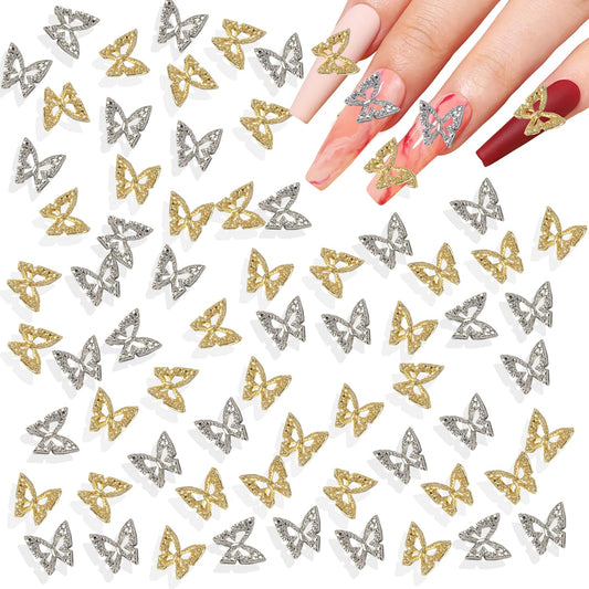 WOKOTO 200pcs Gold and Silver Butterfly Nail Charms for Acrylic Nails Hollow Butterfly Jewelrys 3D Nail Charms for Acrylic Nails Art 3D Butterfly Charms Gold Silver Nail Studs for Nails Designs