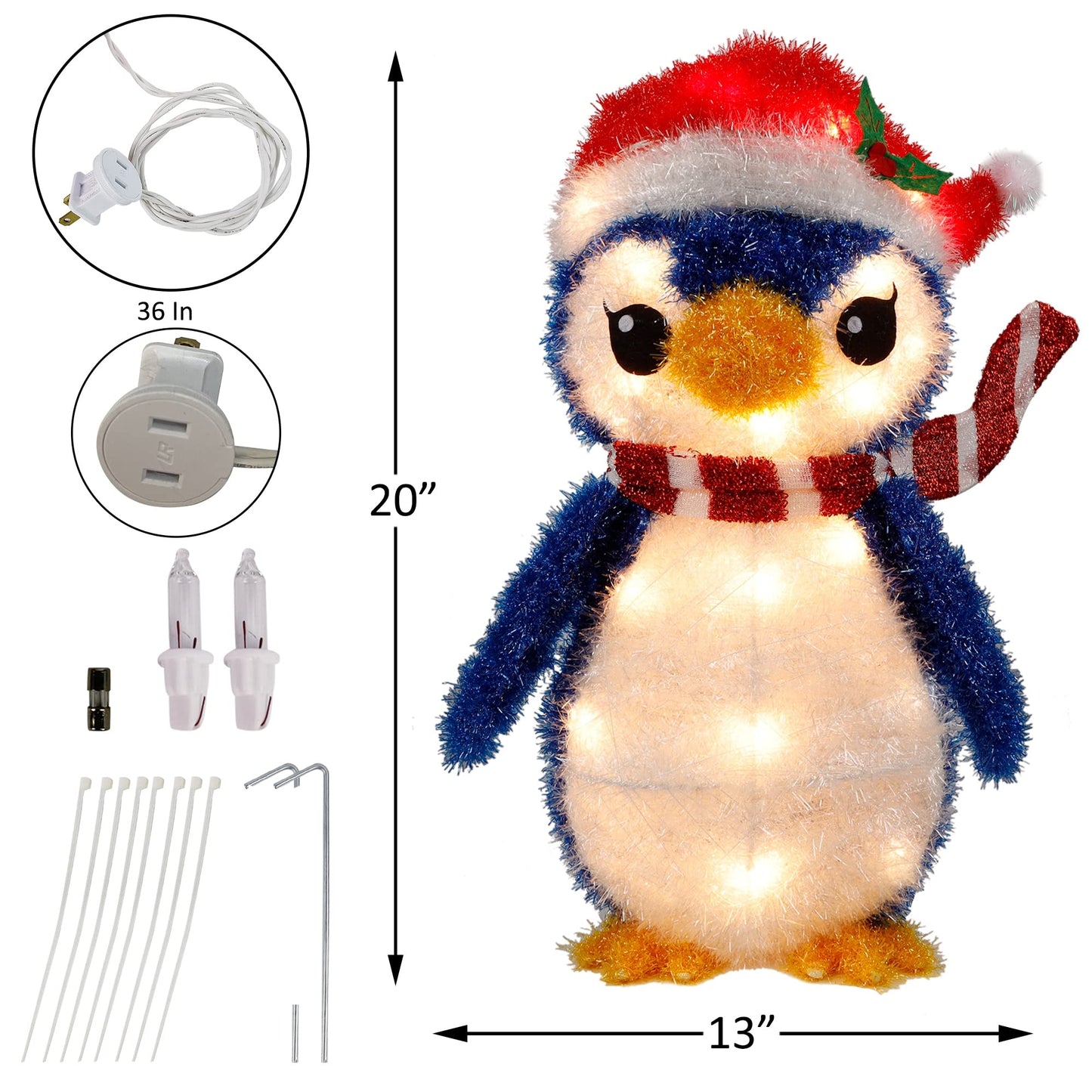 Twinkle Star Lighted Christmas Tinsel Penguin Decorations, 20 Inch Pre-Lit Light Up Blue Penguin with 35 Count Clear Incandescent Lights, Indoor or Outdoor Yard Lawn Festive Holiday Decoration