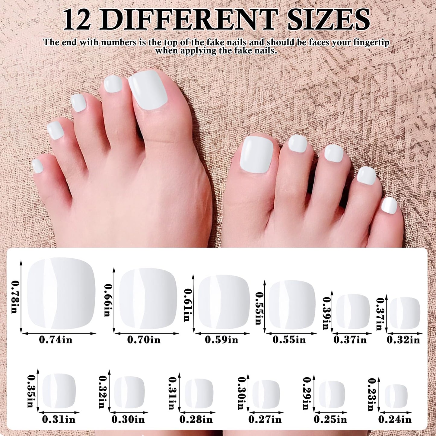 LuckForever Short Press on Toenails 240pc Glossy White Press on Toenails Short Square Fake Toe nails Full Cover 10 Nail Adhesive Tabs,Small Wooden Sticks & Nail Files False Toenails for Women