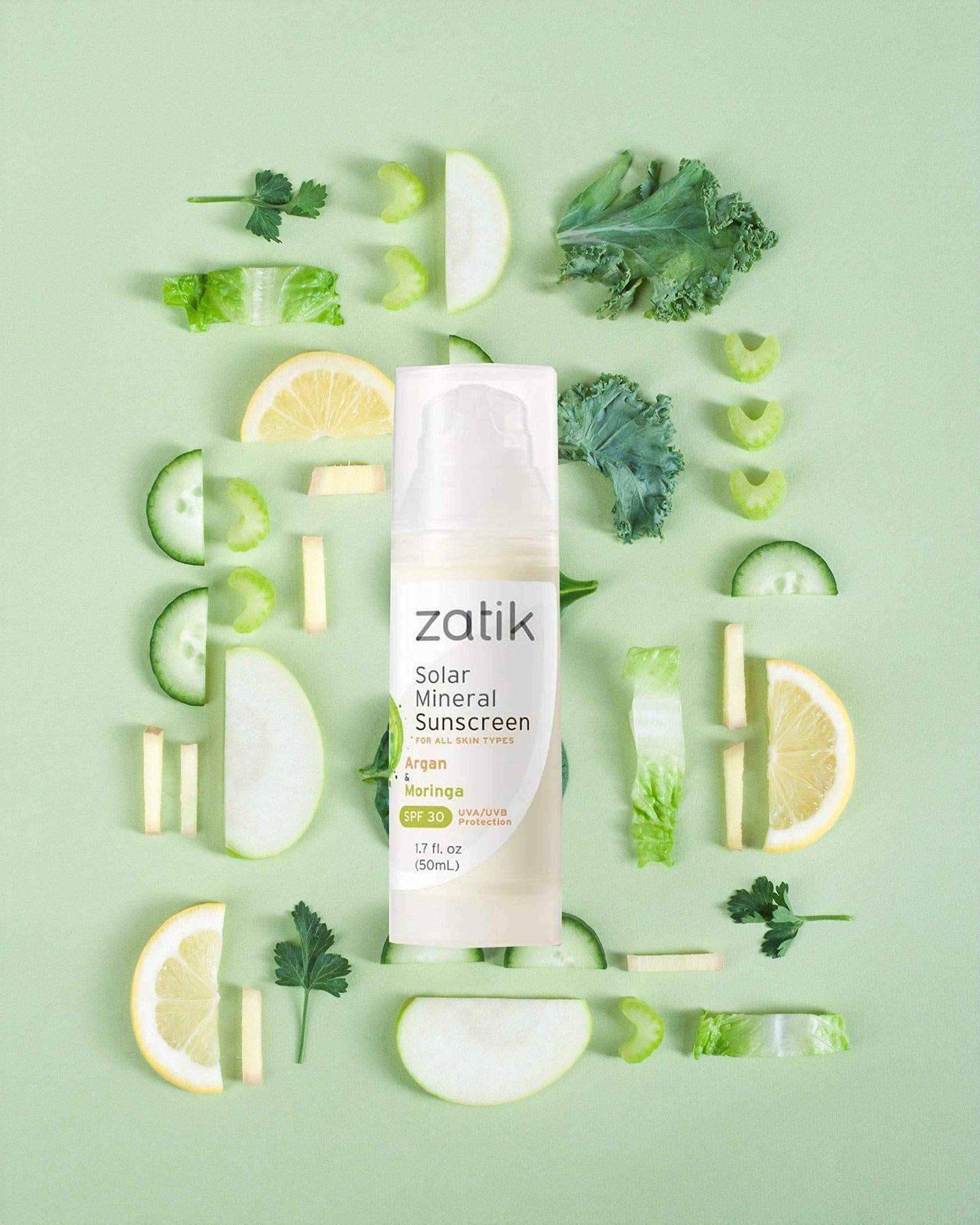 Zatik Naturals - Solar Mineral Sunscreen with Argan and Moringa, Vitamin and Mineral-Based Solar Protection, Vegan, Non-GMO, pH Balanced, FREE from Gluten, Soy, Alcohol. 1.7 fl oz, 50 ml