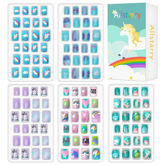 Allstarry 120pcs 5 pack Children Nails Press on Pre-glue Full Cover Glitter Gradient Color Rainbow Short False Nail Kits Lovely Gift for Children Little Girls Nail Art Decoration - Unicorn & Rainbow