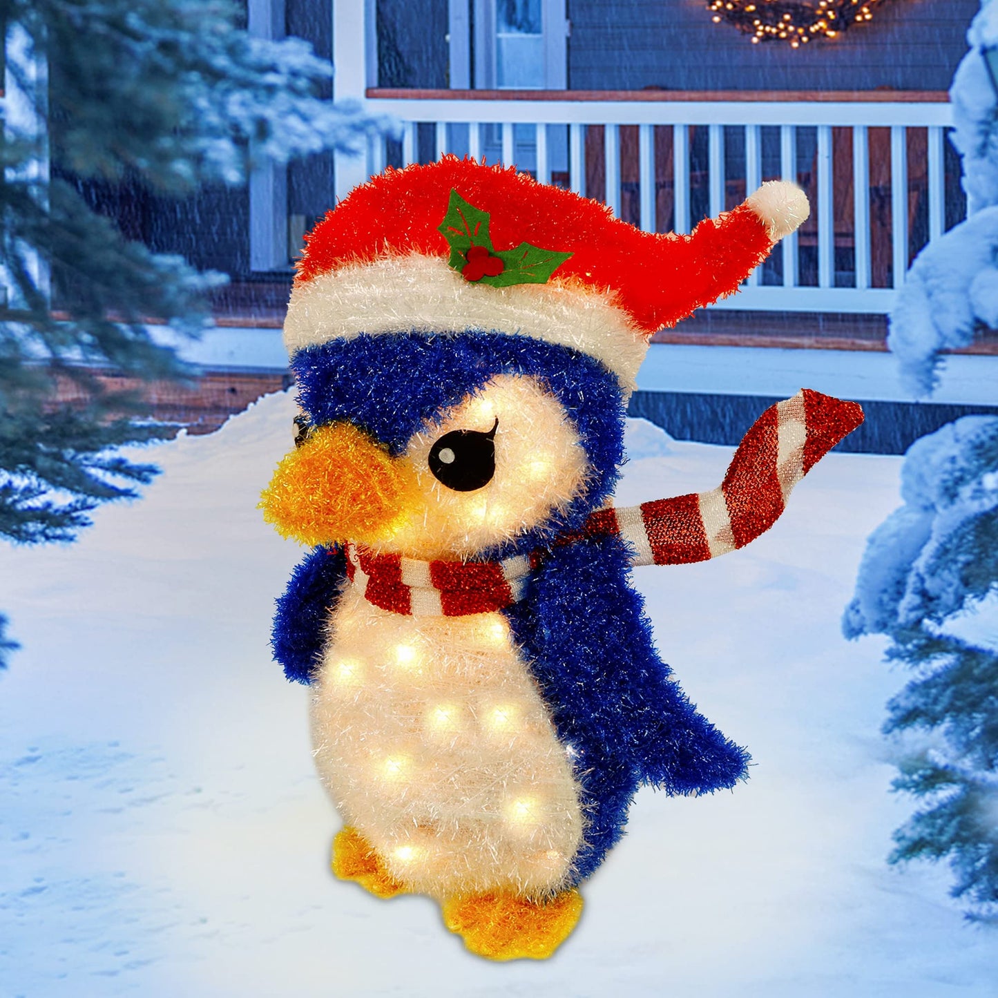 Twinkle Star Lighted Christmas Tinsel Penguin Decorations, 20 Inch Pre-Lit Light Up Blue Penguin with 35 Count Clear Incandescent Lights, Indoor or Outdoor Yard Lawn Festive Holiday Decoration