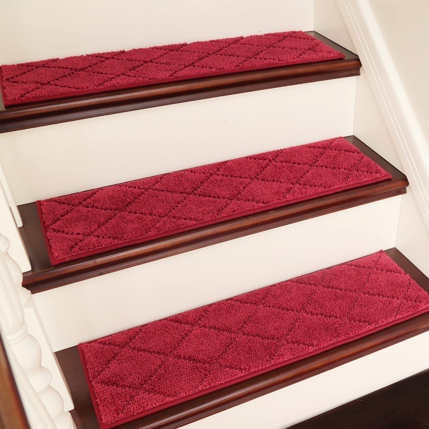 COSY HOMEER Edging Stair Treads Non-Slip Carpet Mat 28inX9in Indoor Stair Runners for Wooden Steps, Edging Stair Rugs for Kids and Dogs, 100% Polyester TPE Backing (4pc, Red)