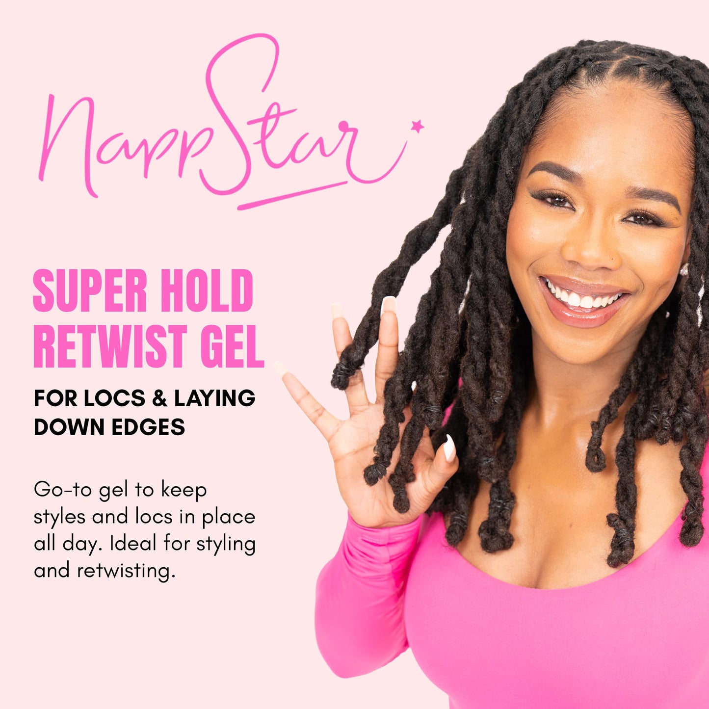 NappStar Super Hold Retwist Gel in Pink, Strong Hold for Locs and Edges, Non-Flaking, 16 Fl Oz