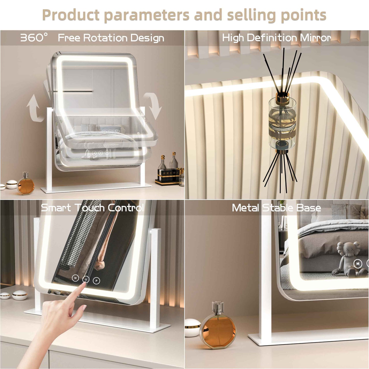 Vanity Mirror with Lights,13.1"×16.7"LED Makeup Mirror,Lighted Makeup Mirror with Lights, Smart Touch Control Dimmable 3 Modes Light, Lighted Up Mirror for Makeup Desk, Bedroom, Dressing Room