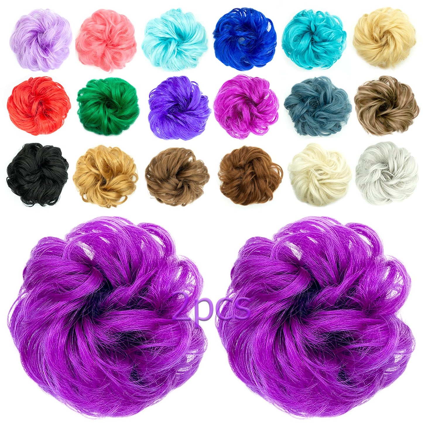 QTHQTFL 2pcs Messy Bun Hair Piece Scrunchie Hair Bun Hair Pieces for Women Girls Elastic Rubber Band Curly Wavy Synthetic Hair Bun Scrunchies Ponytail Extensions (Dark Purple)