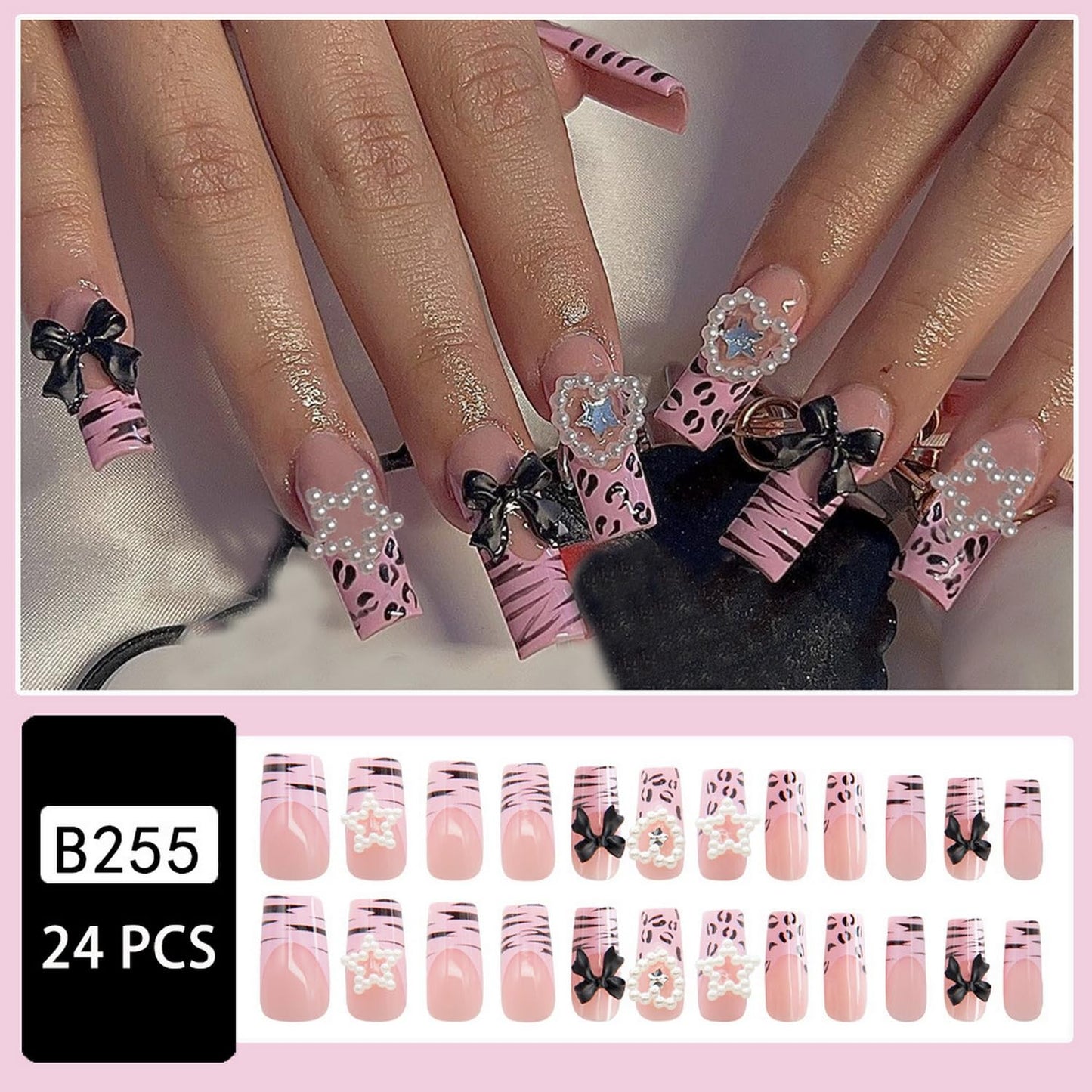 Cute Press on Nails Square Fake Nails Full Cover French Tip Zebra Stick on Nails with Bow Star Hearts Pearl Designs False Nails Pink Glossy Acrylic Glue on Nails for Women Girls Charm Manicure