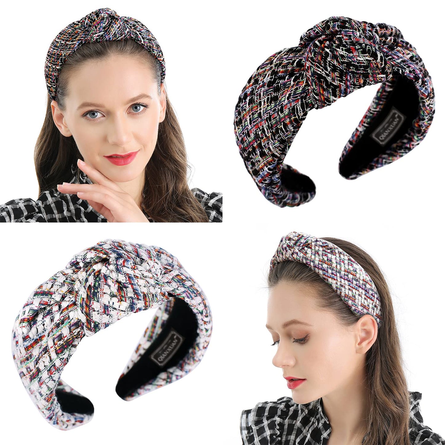 QIANXUAN Knotted Turban Headbands - Knit Plaid Elegant Twill Hair Top Knot Headband, Fashion Brown Hairband For Women and Girls