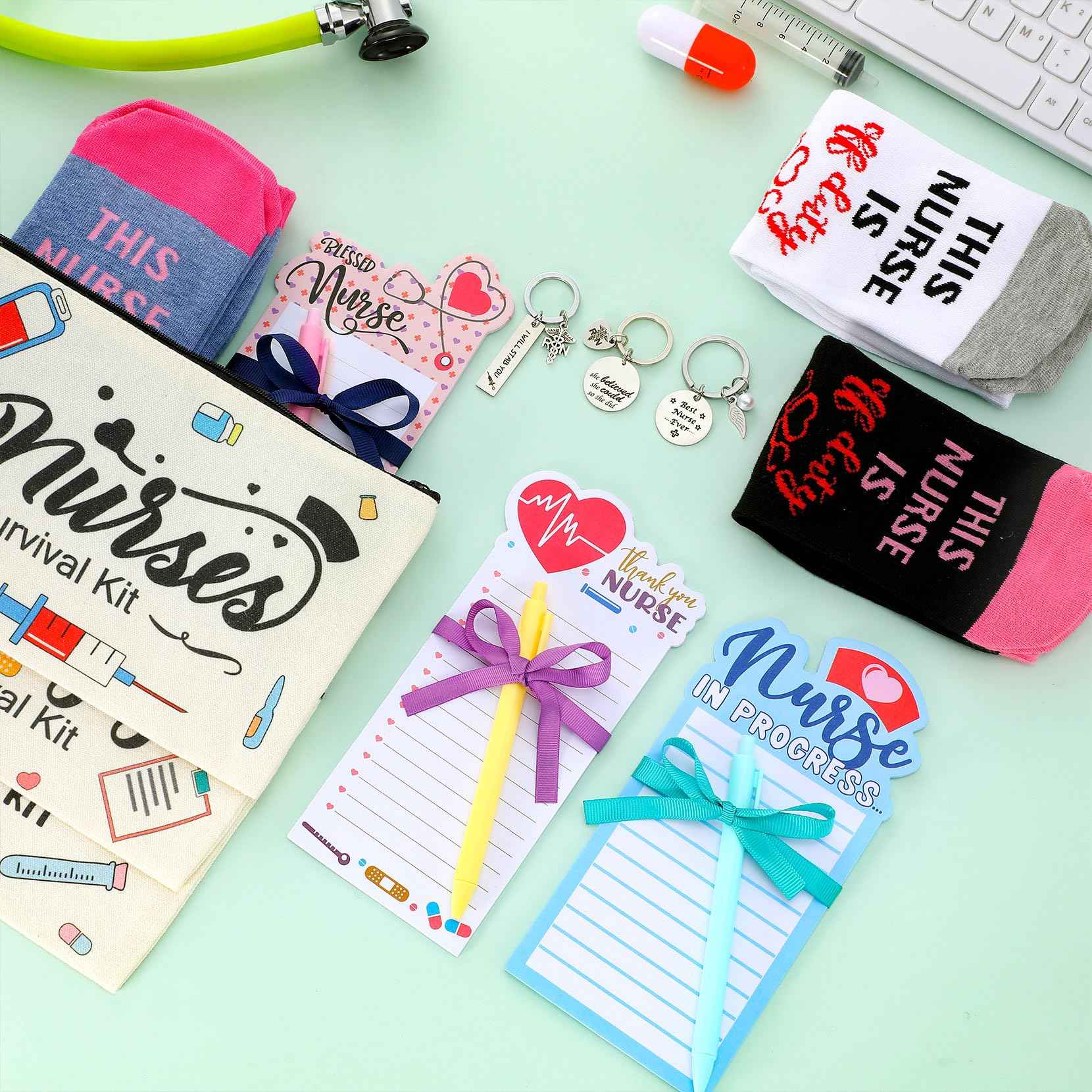Jiuguva 36 Pcs Christmas Nurse Appreciation Gifts in Bulk 2025 Christmas Nurse Gifts Survival Kit Include Socks Makeup Cosmetic Bags Keychains Notepad for Medical Doctor Assistants Graduation Coworker