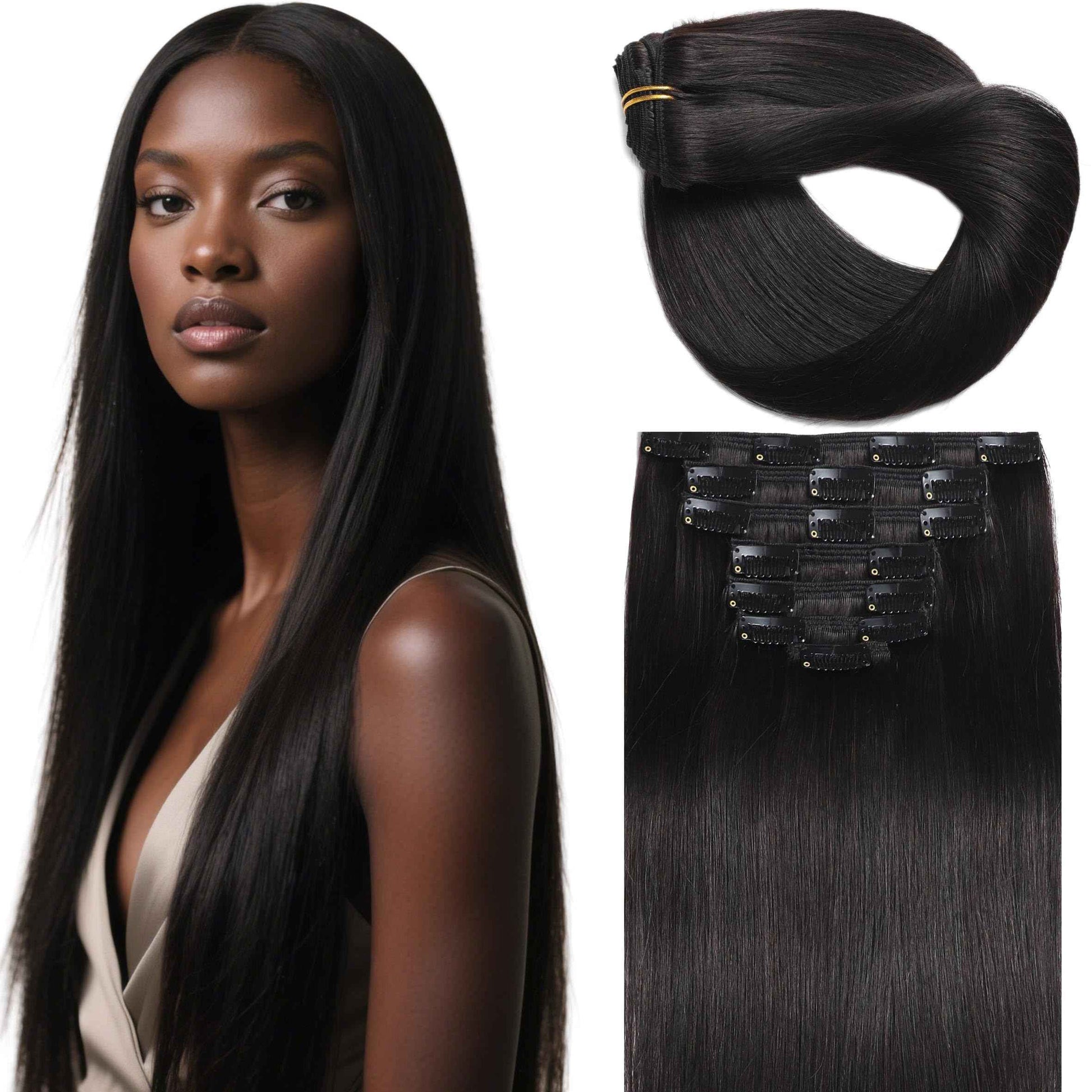 Lacer Clip in Hair Extensions Real Human Hair, 16 Inch Straight Clip ins 1B Natural Black, Remy Human Hair Extensions 7pcs Per Set