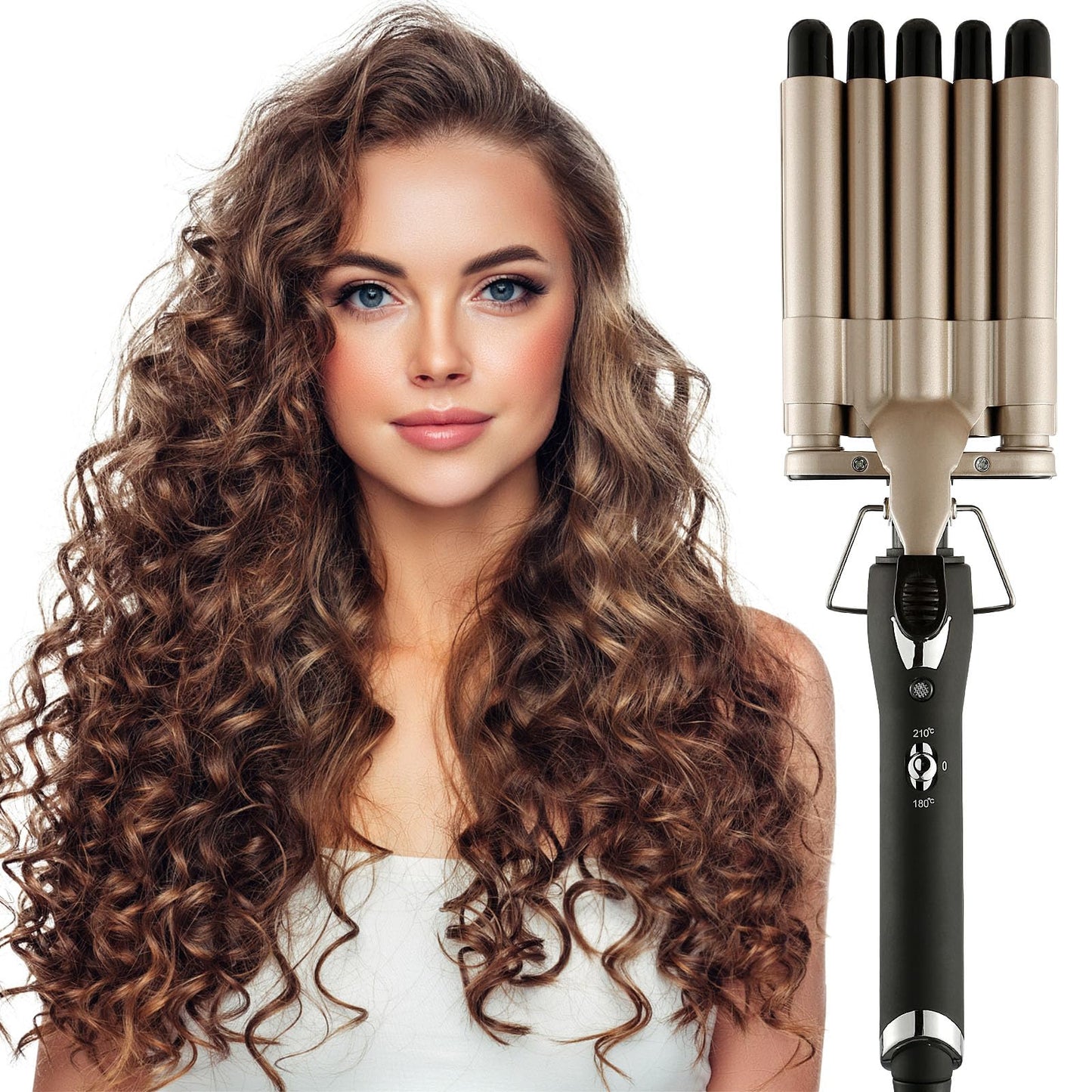 Hair Crimper Iron 5 Barrel Curling Iron Wand, 0.6 Inch Hair Waver Curler Ceramic Tourmaline Hair Styling Tool with Dual Voltage (0.6 Inch)