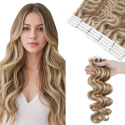 SEGOHAIR Wavy Tape In Hair Extensions Real Human Hair with Double-Sided Adhesive Professional Hair Extensions for Women 20pcs Body Wave 14 Inches Medium Brown Mixed Bleach Blond