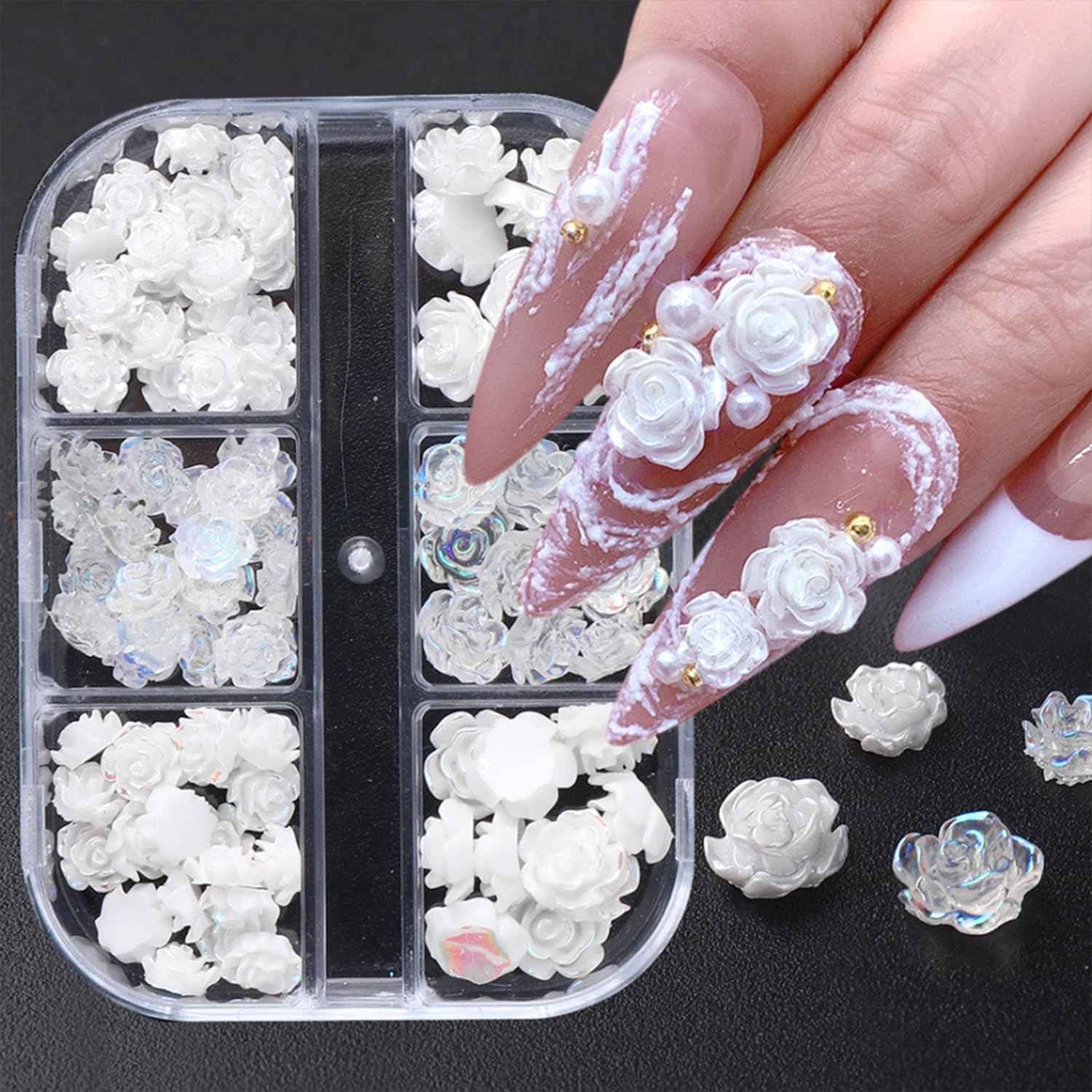 Tyuimhx Flowers Nail Charms 3D Resin White & Aurora Clear Rose Designs Nail Art Charms for Acrylic Nails Flatback Floral Nail Supplies for Women DIY Manicure Decorations Crafts (6 Grids)