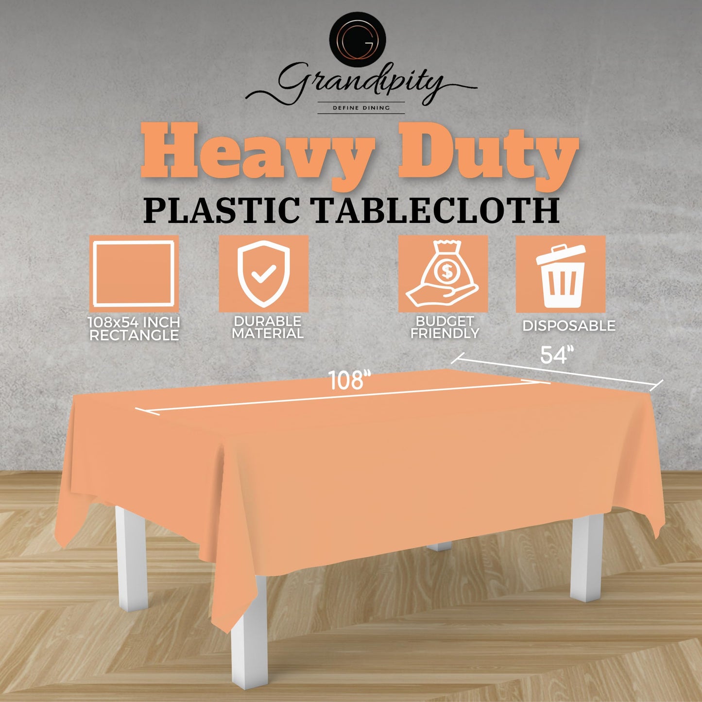 Grandipity Peach 12 Pack Premium Disposable Plastic Tablecloth 54 Inch. x 108 Inch. Decorative Rectangle Table Cover