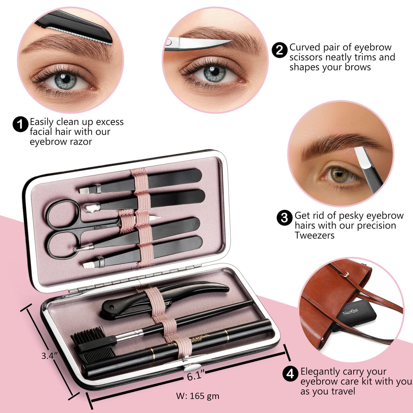 Exquisite Eyebrow Kit - 8 in 1 - Eyebrow Tweezer Kit 4 PCs - Eyebrow Shaping Kit - Multipurpose Eyebrow Grooming kit - Eyebrow Razor, Eyebrow Brush and Comb, Pencil, Eyebrow Scissors in Padded Case