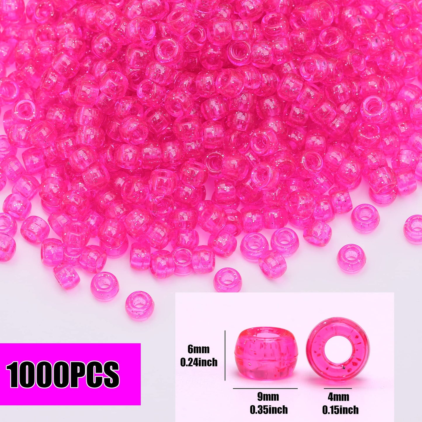 Auvoau 1000Pcs Pony Beads Bracelet 9mm Hot Pink Glitter Plastic Barrel Pony Beads for Necklace,Hair Beads for Braids for Girls,Key Chain,Jewelry Making (Hot Pink Glitter)