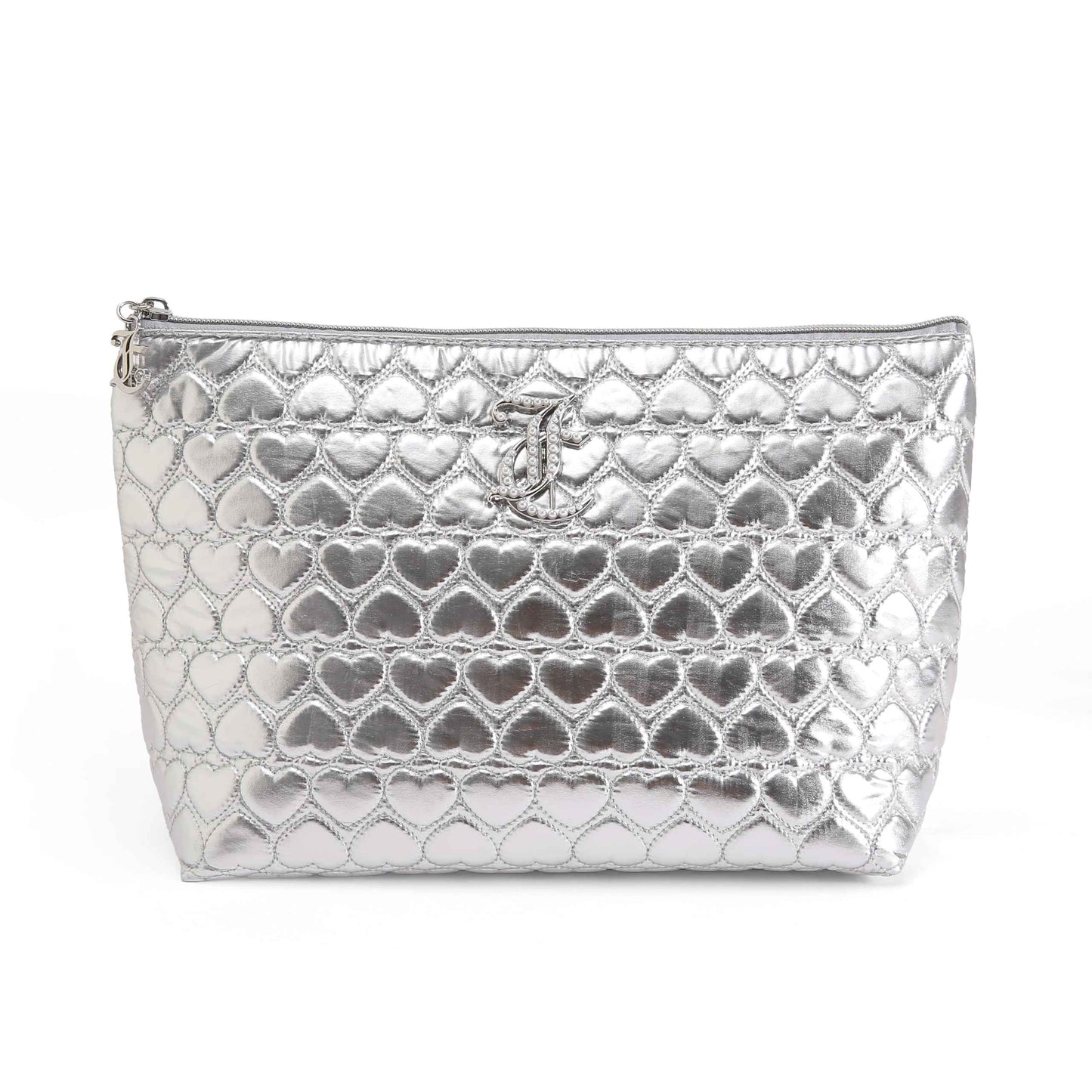 Juicy Couture Silver Makeup Bag Cosmetics Organizer Travel Essentials Top Zip Pouch Shiny Quilted Heart