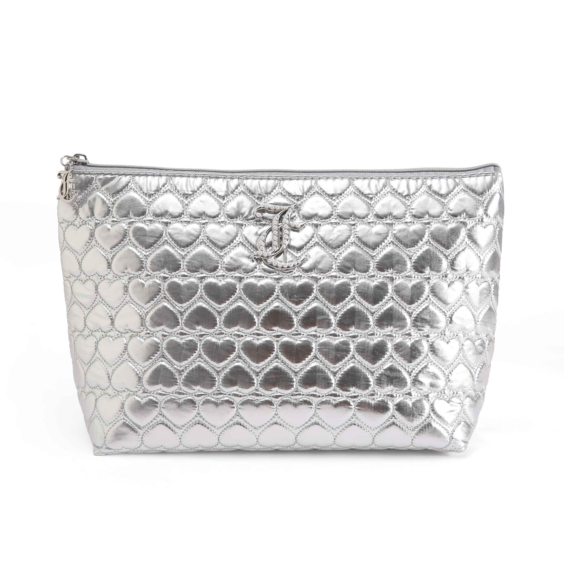 Juicy Couture Silver Makeup Bag Cosmetics Organizer Travel Essentials Top Zip Pouch Shiny Quilted Heart
