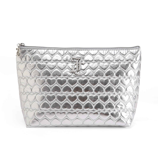 Juicy Couture Silver Makeup Bag Cosmetics Organizer Travel Essentials Top Zip Pouch Shiny Quilted Heart