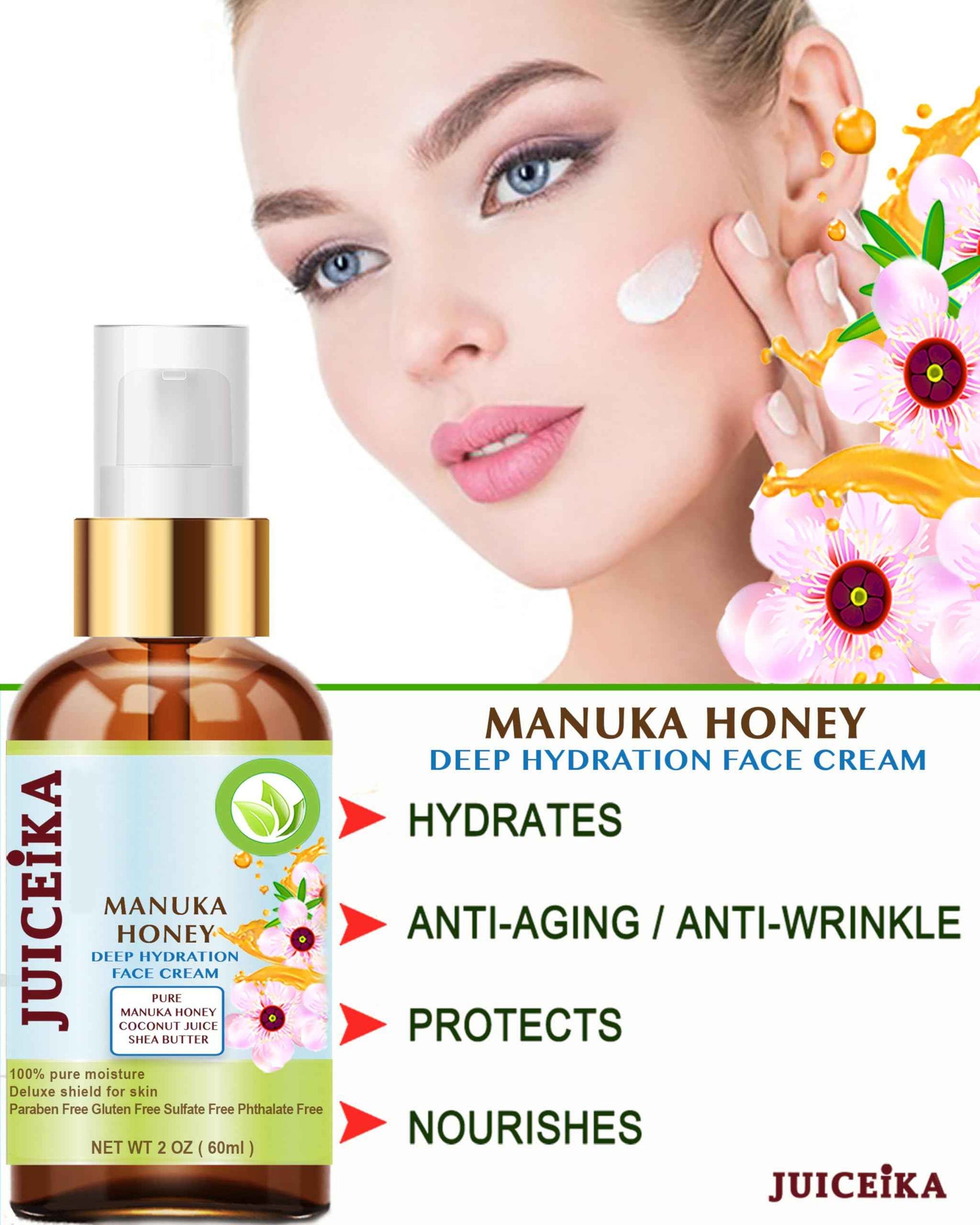 Juiceika MANUKA HONEY Deep Hydration Face Cream Face Moisturizer. Manuka Oil, Aloe Vera, Shea Butter, Coconut Oil, Jojoba Oil, Squalane, Hyaluronic Acid, Avocado Oil 2 Fl. oz. - 60 ml.