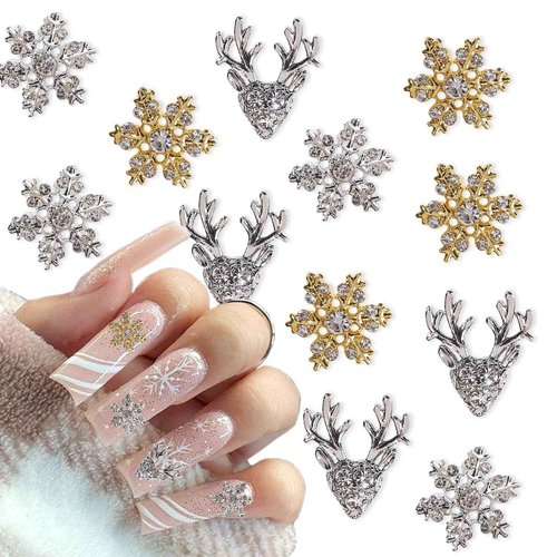 12Pcs Christmas Nail Charms 3D Alloy Snowflake Charm Gems Rhinestones Shiny Designs Silver Gold Jewelry for Women Girls Acrylic Manicure Decorations Supplies