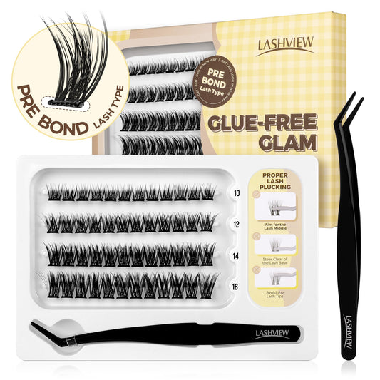 LASHVIEW Self Adhesive Lash Clusters Eyelashes,Press-on Lashes 10-16mm Individual Lash Extension Kit with Lash Tweezers,No Glue Needed Natural Self Adhesive DIY Cluster Lashes Kit (48PC)