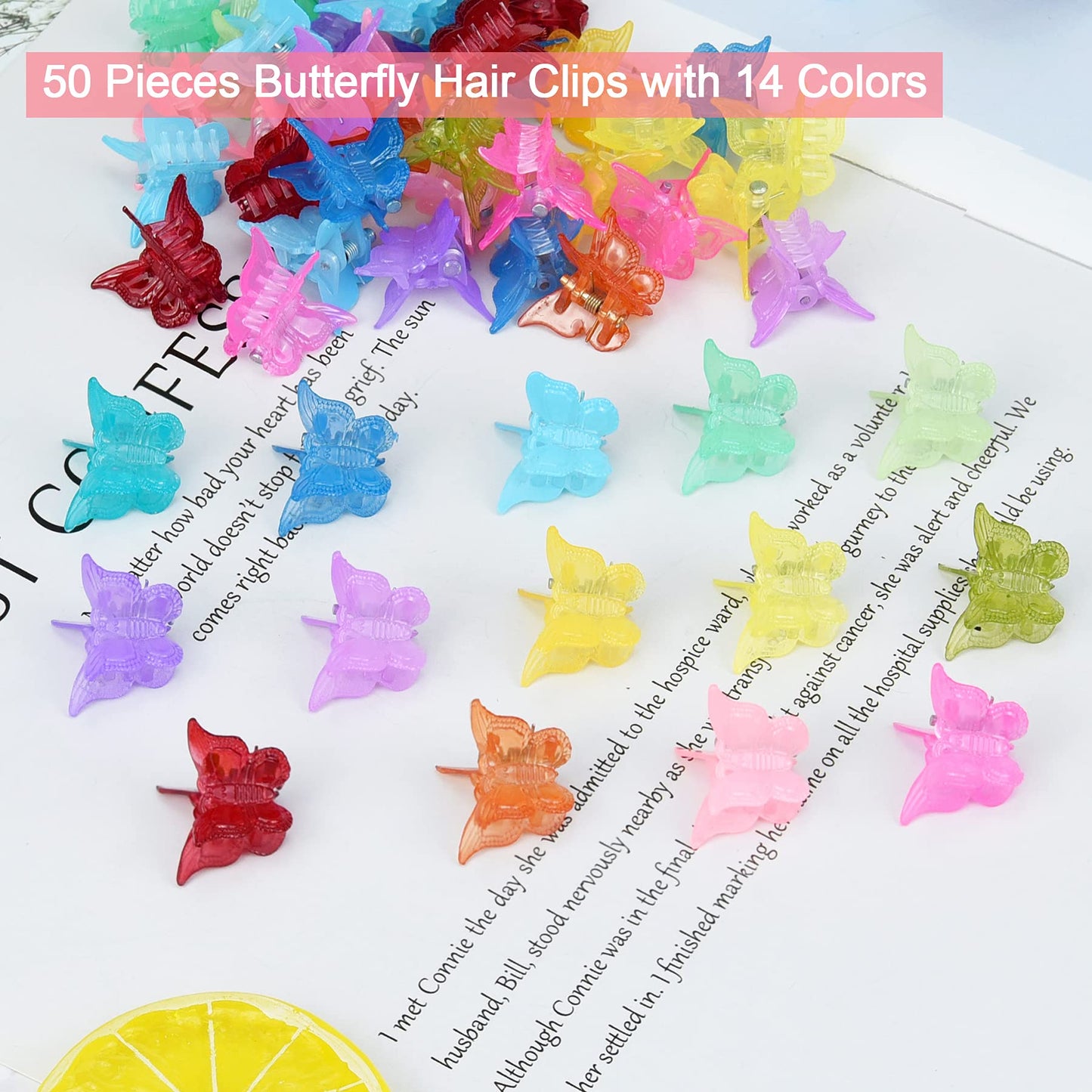 EAONE Butterfly Pastel Mini Cute Clips Hair Accessories for 90s Girls Women with Box Package, Glossy Jelly Colors,50 Pieces