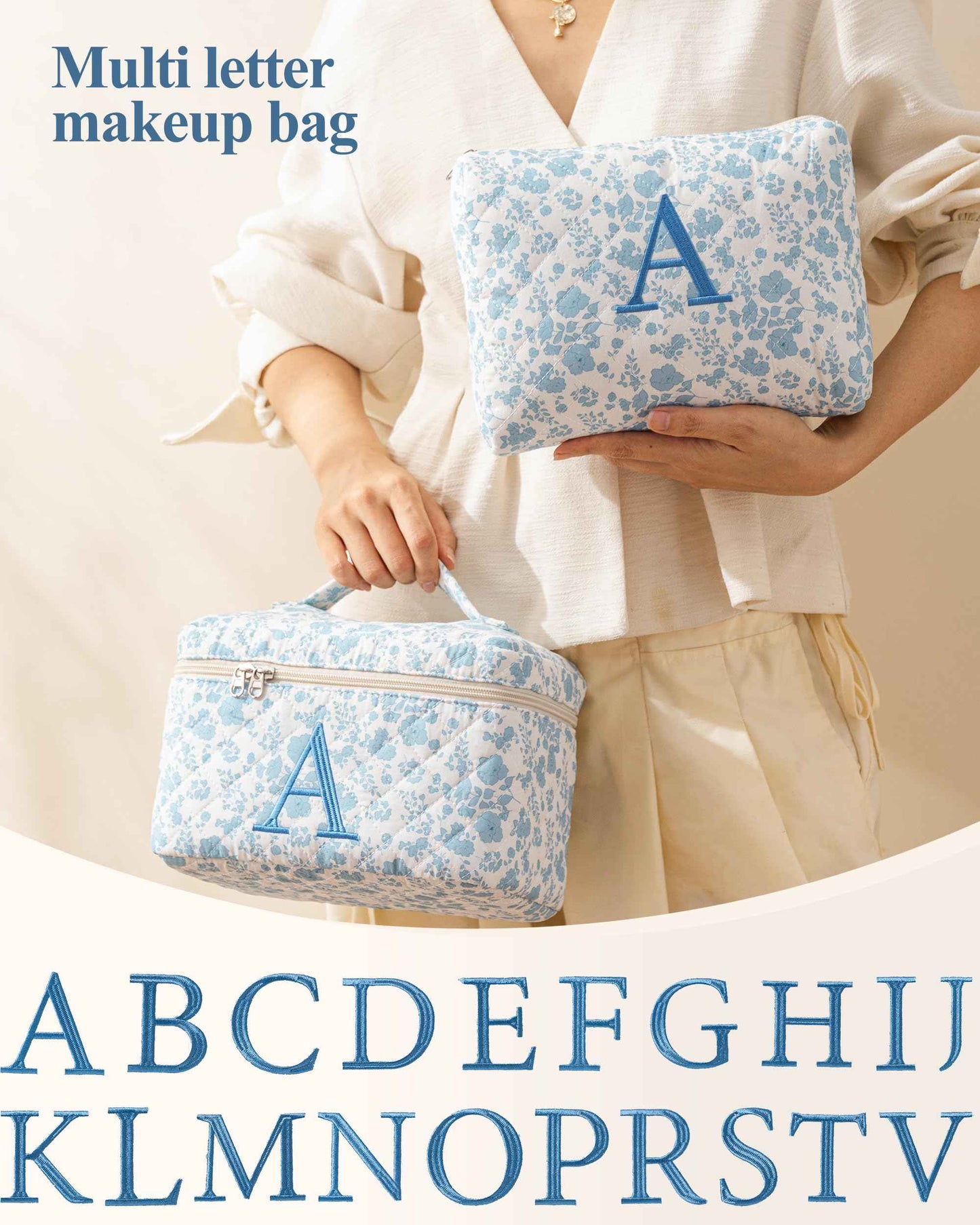 HBselect 2Pcs Initial Quilted Cotton Large Travel Cute Floral Coquette Makeup Cosmetic Toiletry Bag for Women Girls