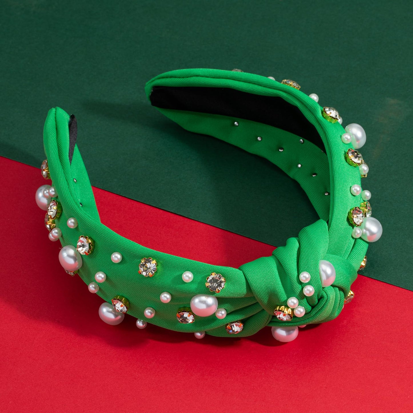 Mixcbe Holiday Green Headband Pearl Knotted Jeweled Headband for Women Pearl Crystal Embellished Hairband Fashion Elegant Ladies Wide Knot Headband Gifts For Christmas St.Patrick's Day