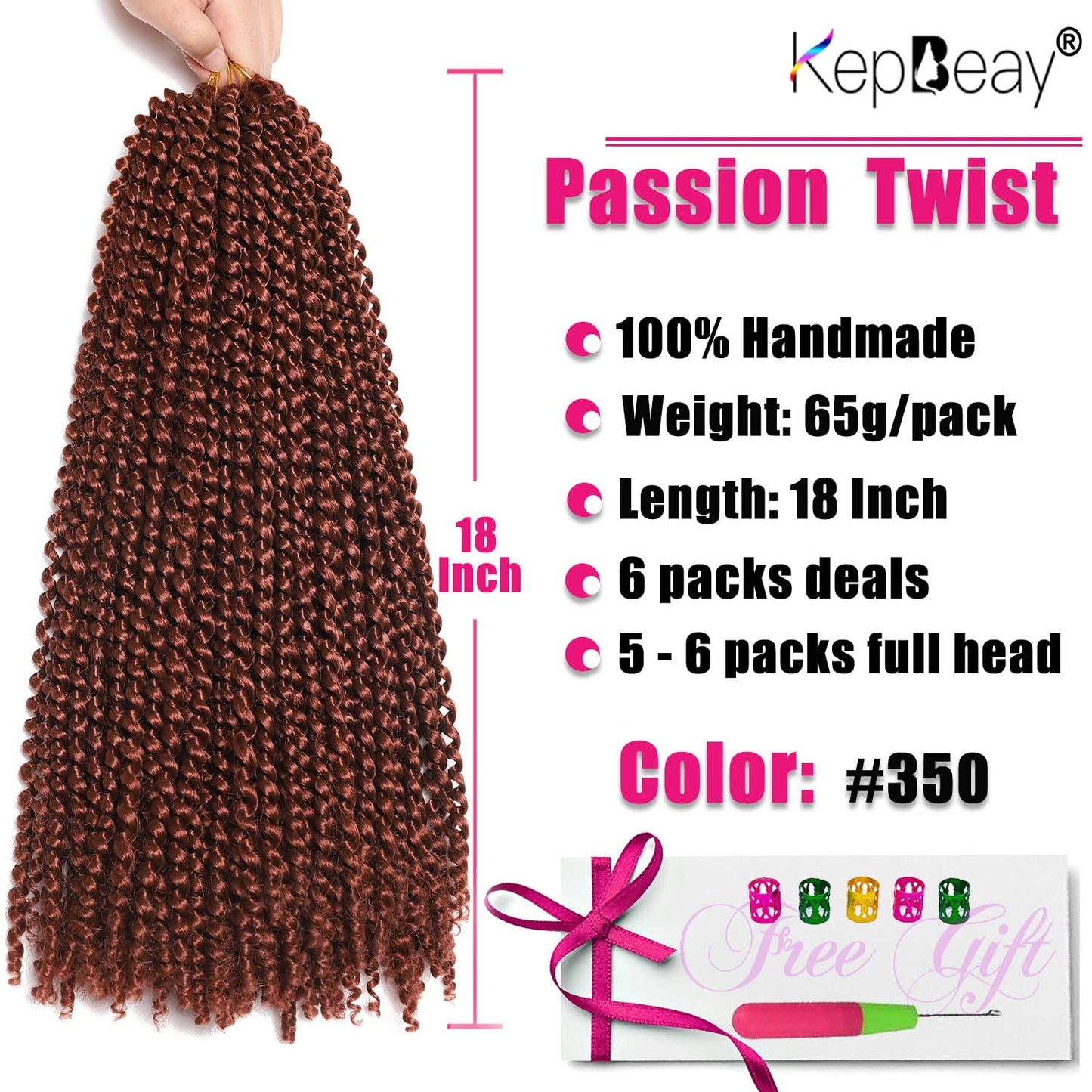 Passion Twist Hair 18Inch 6Packs Water Wave Crochet Hair Copper Red Passion Twists Braiding Hair Long Bohemian Braids Hair Synthetic Extensions (18Inch, 350#)