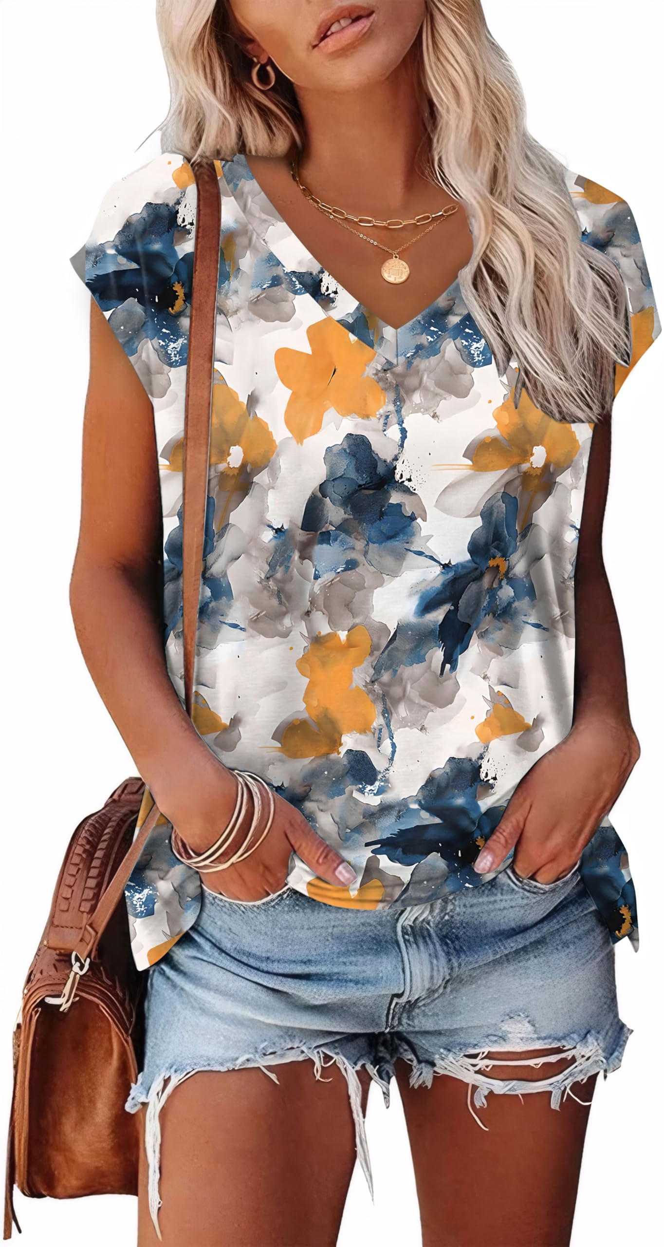 White Floral Tops for Women Dessy Casual Flower Printed V Neck Tshirts Short Sleeve Tops Print Yellow Blue Ink Flower S