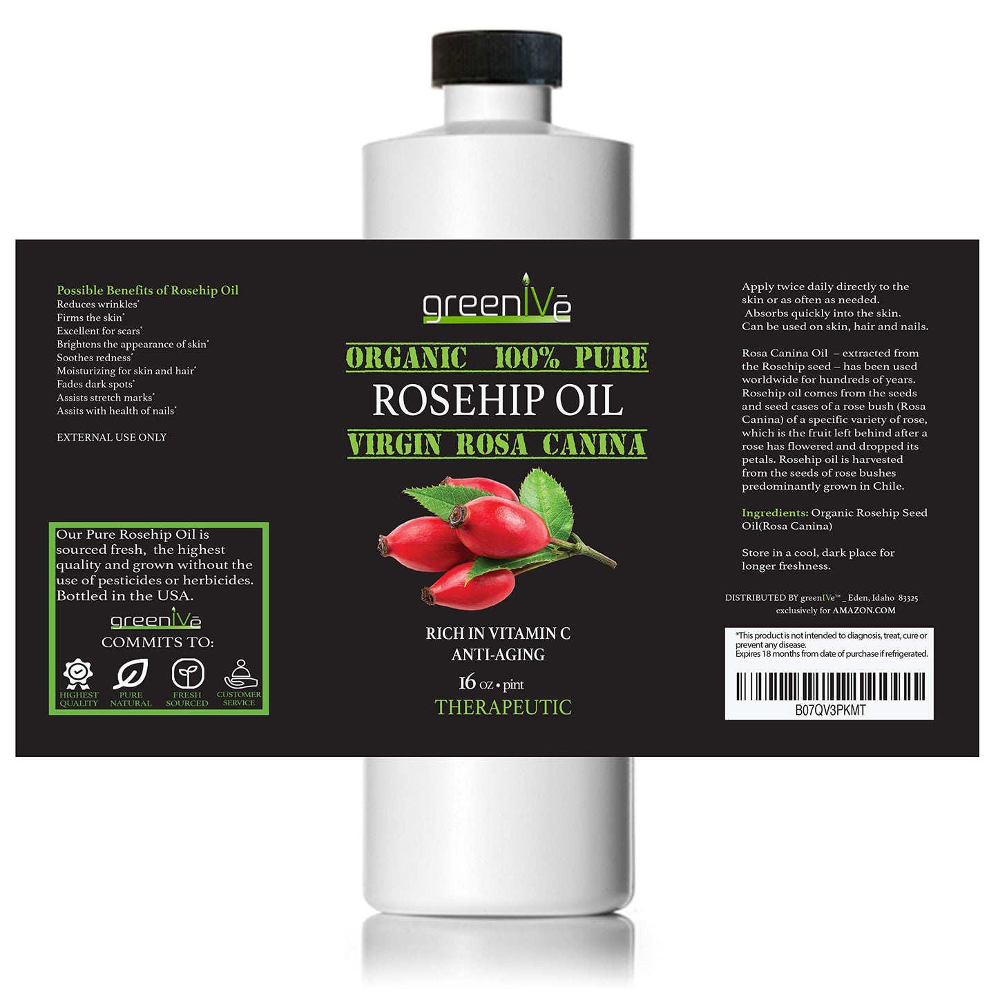 GreenIVe Organically Grown Rosehip Oil Rosa Canina 100% Pure Cold Pressed Virgin Oil Natural (16 Fl Oz)