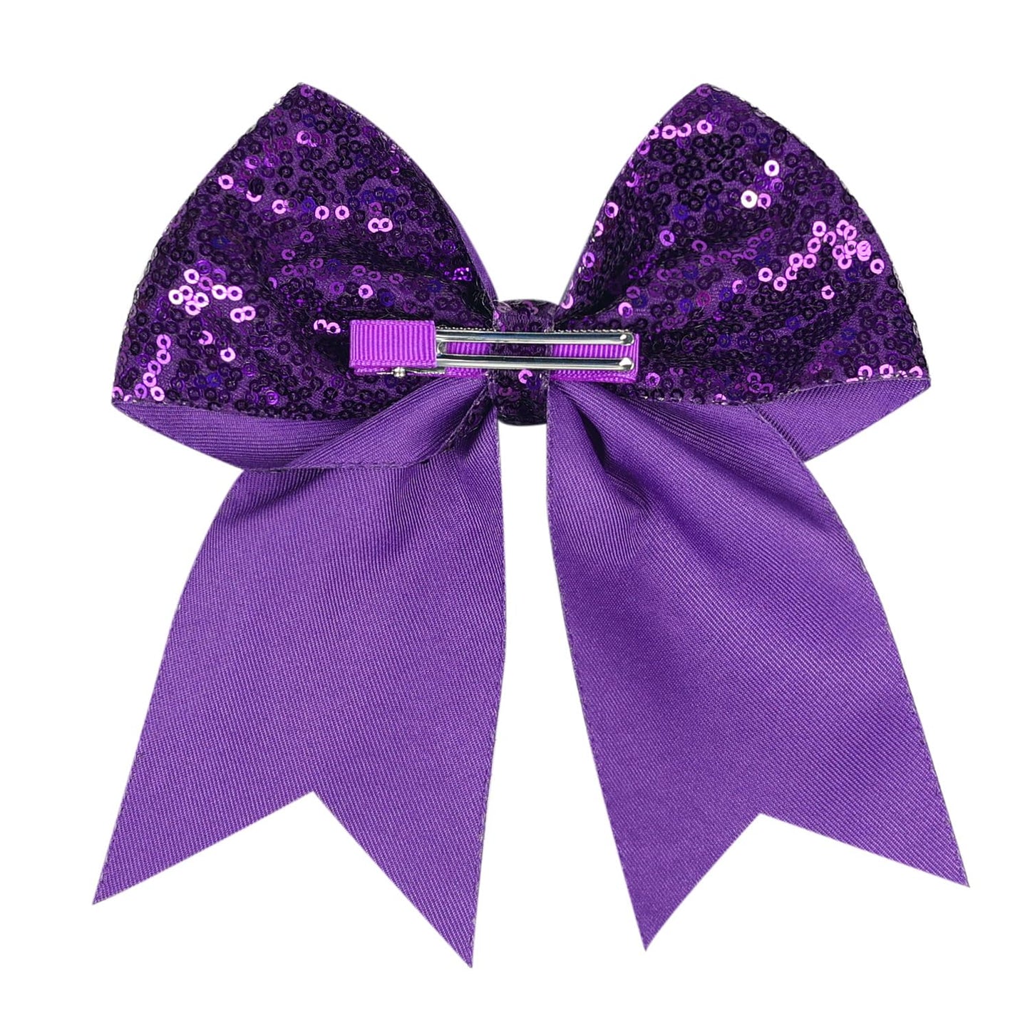 Jumbo Glitter Cheer Bow Clip - 7 Inch Large Cheerleading Sequin Hair Bow with Tails for Girls Teen Softball Cheerleader Outfit Uniform (Dark Purple)