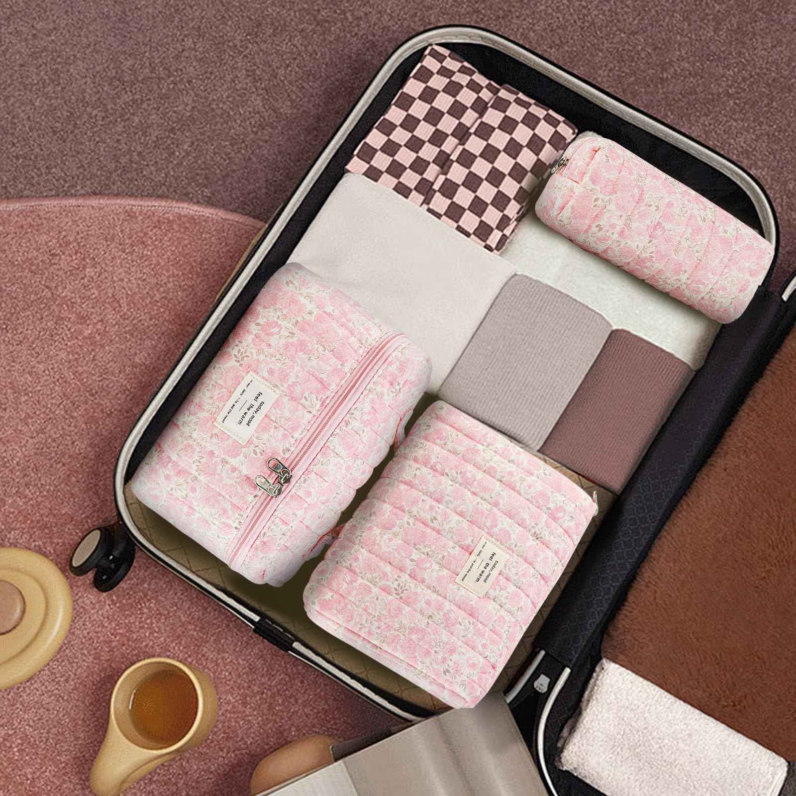 GISMTR 3Pcs Makeup Bag Cotton Quilted Travel Cosmetic Bag Cute Floral Makeup Pouch Large Toiletry Bag for Women Girls (Flowers-Pink3)