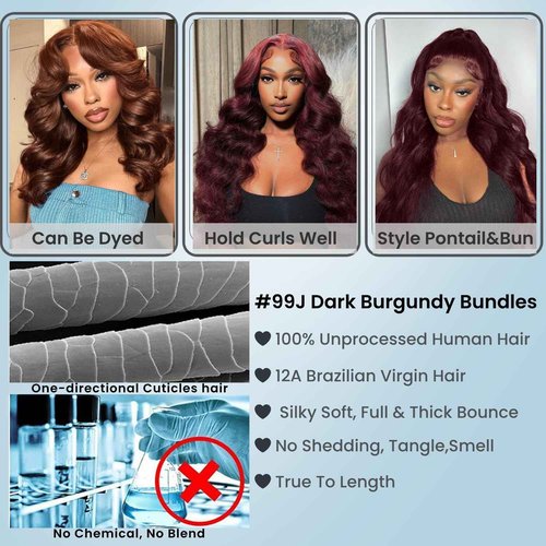 ALHER 99j Color Human Hair Bundles Body Wave, 12A Dark Burgundy Wine Red Colored Bundles Human Hair, 100% Unprocessed Virgin Remy Hair Soft Thick Single Wavy Bundle Sew In Double Weft 16 Inch