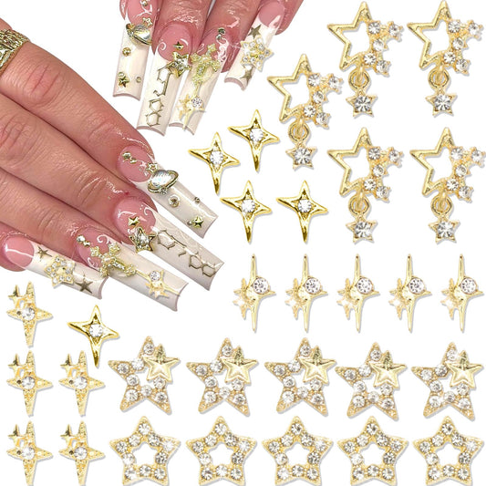 RODAKY 30PCS Star Nail Charms Gold 3D Stars Charms for Nails Starlight Nail Gems Y2K Nail Jewelry Metal Alloy Nail Decoration for Women Manicure Design DIY Nail Supplies