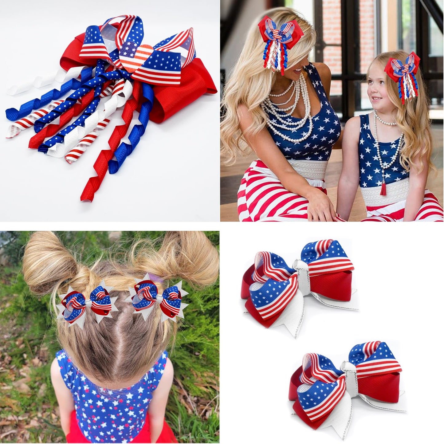 JUCCPUL 4Pcs 4th of July Hair Bows Clips for Girls American Flag Barrette Hair Bow Patriotic Stars and Stripes Hairgrips Baby Girls Women Hair Accessories 5inch