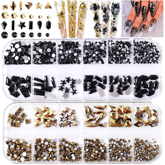 BELICEY Nail Art Rhinestones Gold Black Flatback Round Rhinestones Charms Nail Gem Stones with K9 Bling Glass Crystals Diamonds Jewelry for Nail Design DIY Crafts Face Decoration