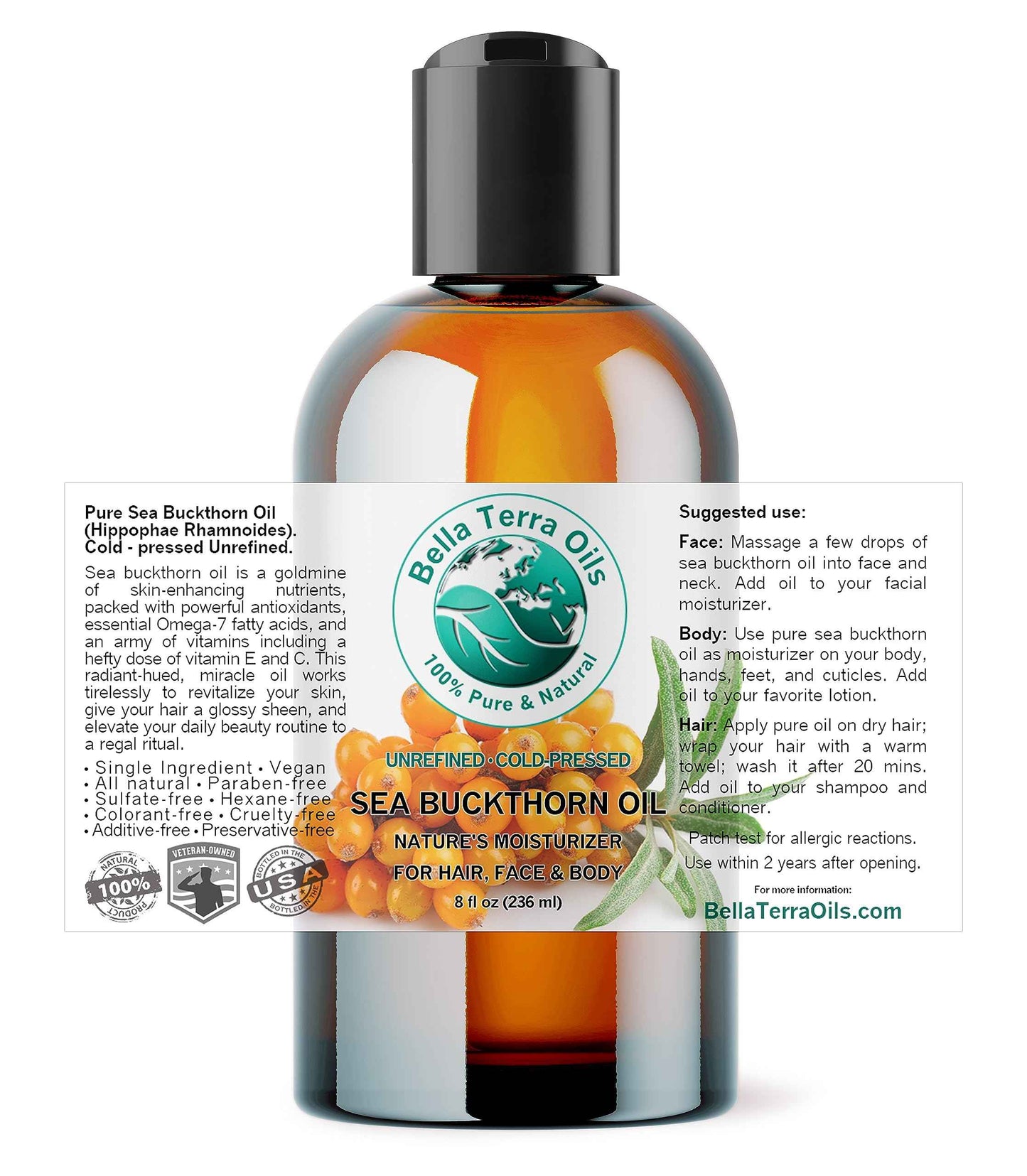 Bella Terra Oils - Sea Buckthorn Oil 8 oz - The Ultimate Elixir from Nature's Bounty, Rich in Flavonoids & Essential Fatty Acids, Gilded Luxe for Your Face