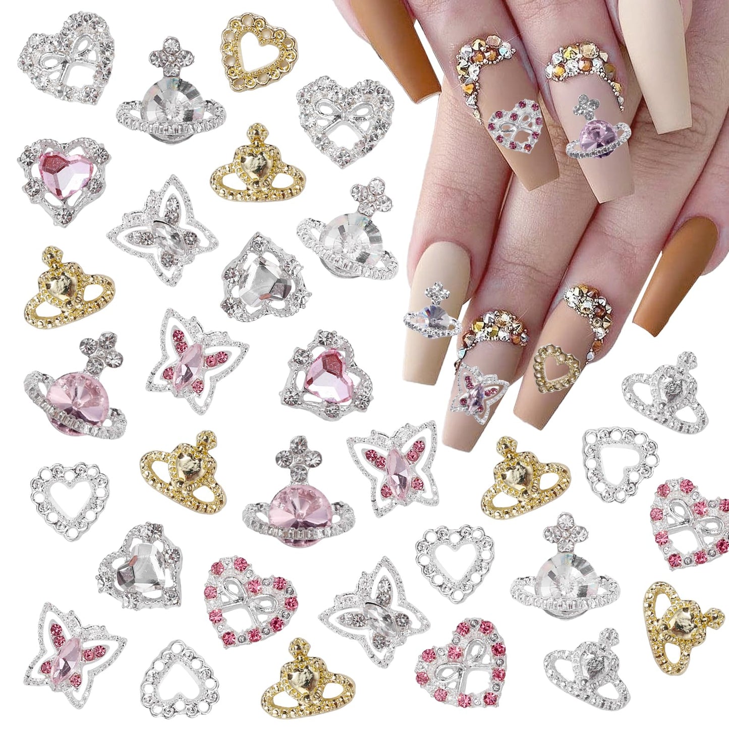 72 Pcs Heart Rhinestones for Nails, Shiny Alloy Planet Heart Butterfly Metal Nail Gems, Pink Colors White Rhinestones Heart Planet Nail Art Gems 3D Nail Gems Charms for Nails Art DIY Design