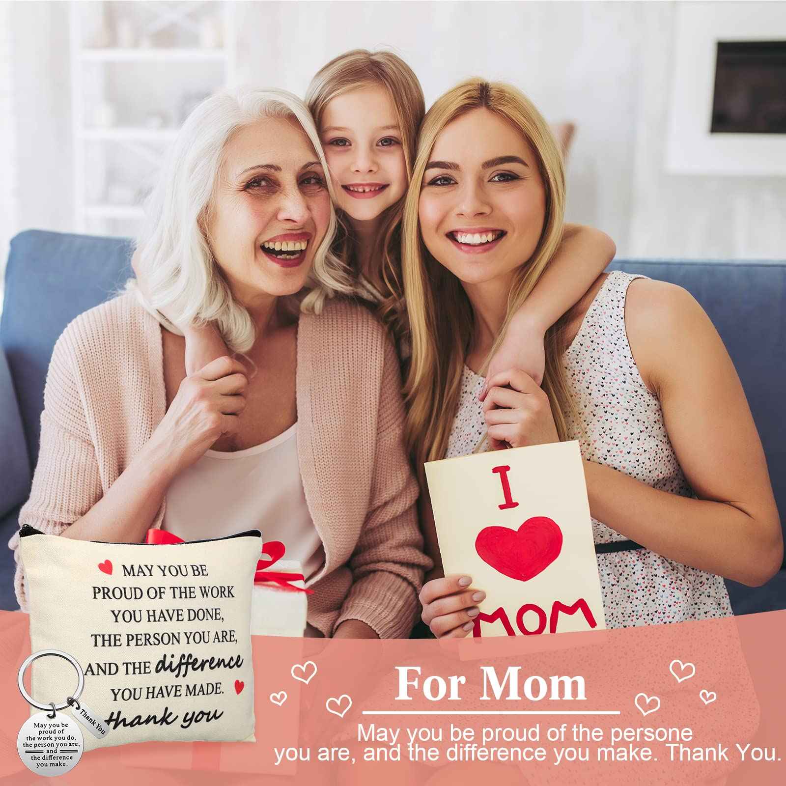 Geosar 16 Pcs Employee Appreciation Gifts Bulk Thank You Gifts for Women with 8 Inspirational Makeup Bags and 8 Thank You Keychains for Nurse Medical Assistant Grandmother Teachers Coworkers Staff