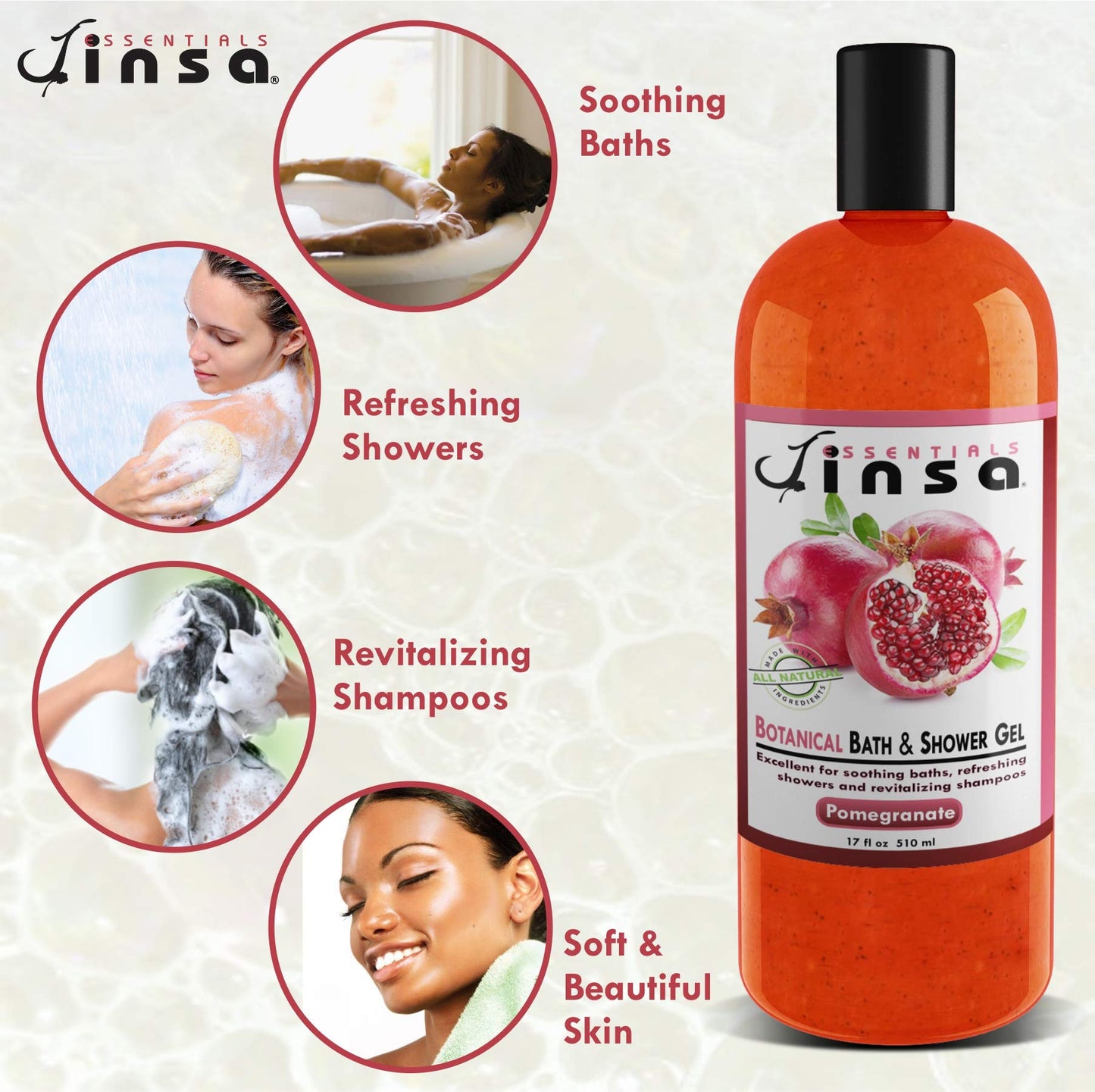 JINSA ESSENTIALS Botanical Bath and Shower Gel with Essential Oils, Skin Nourishing Cleanser for Luxurious Bathing Experience (Pomegranate)