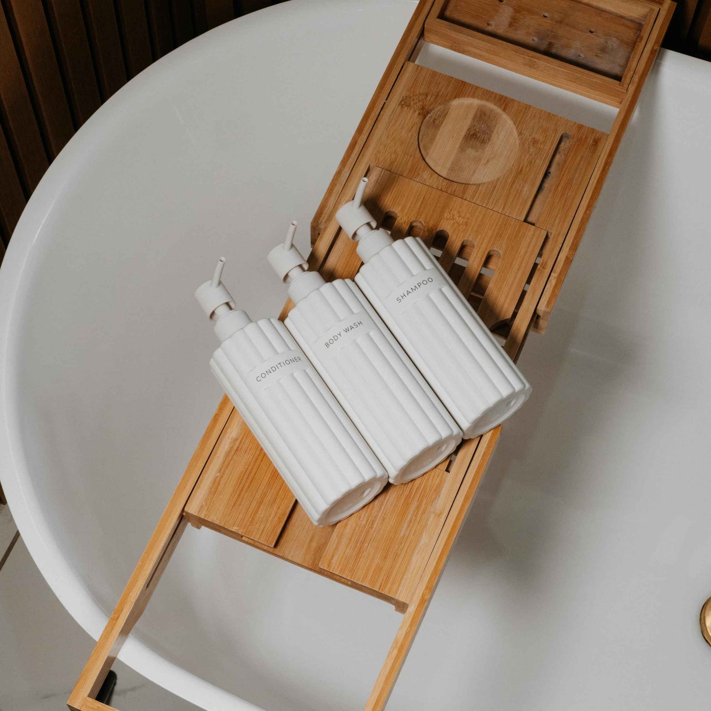 Stylish Shampoo and Conditioner Dispenser Set of 3 - Modern 19oz Shower Soap Bottles with Pump and Labels - Easy to Refill Body Wash Dispensers for an Instant Bathroom Decor Upgrade