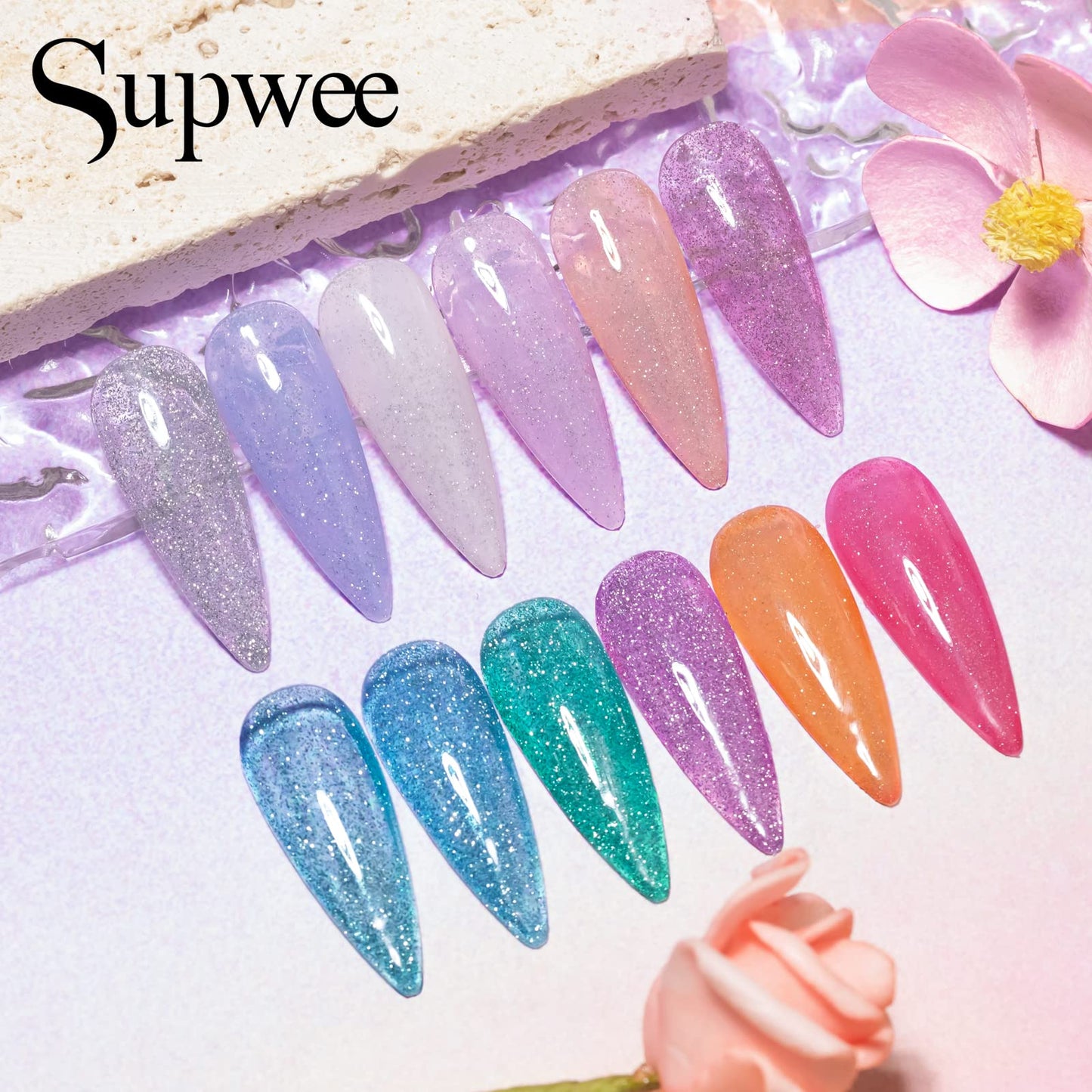 SUPWEE Reflective Glitter Gel Polish - 12 Colors Sheer Jelly Glitter Gel Nail Polish Sparkle Shinny Disco Nail Polish Gel Soak Off UV LED Varnish DIY at Home