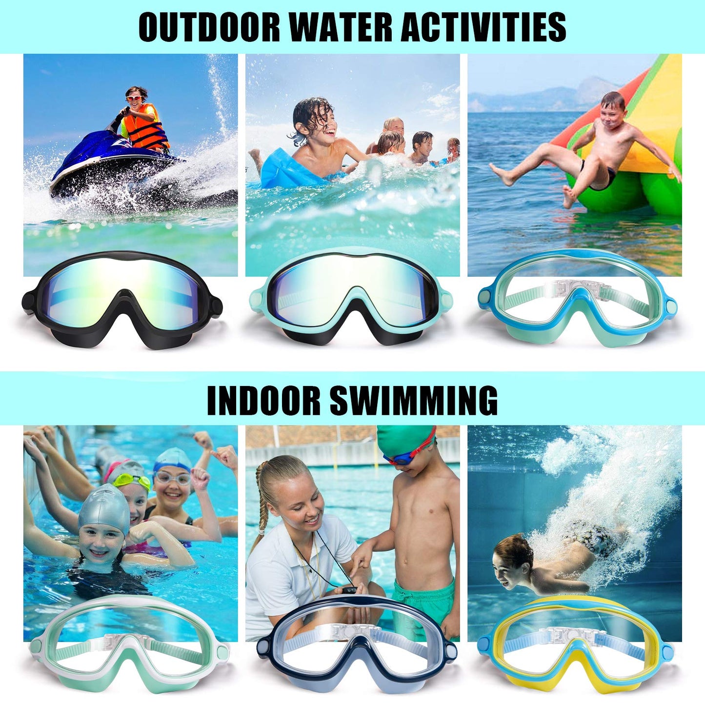 Kids Goggles for Swimming 2 Pack No Leaking Anti-Fog Outer Eye Fit with Wide View UV Protection Crystal Clear Watertight Swim Goggles with nose cover Suitable for Children Youth Boys Girls Age 3 to 15