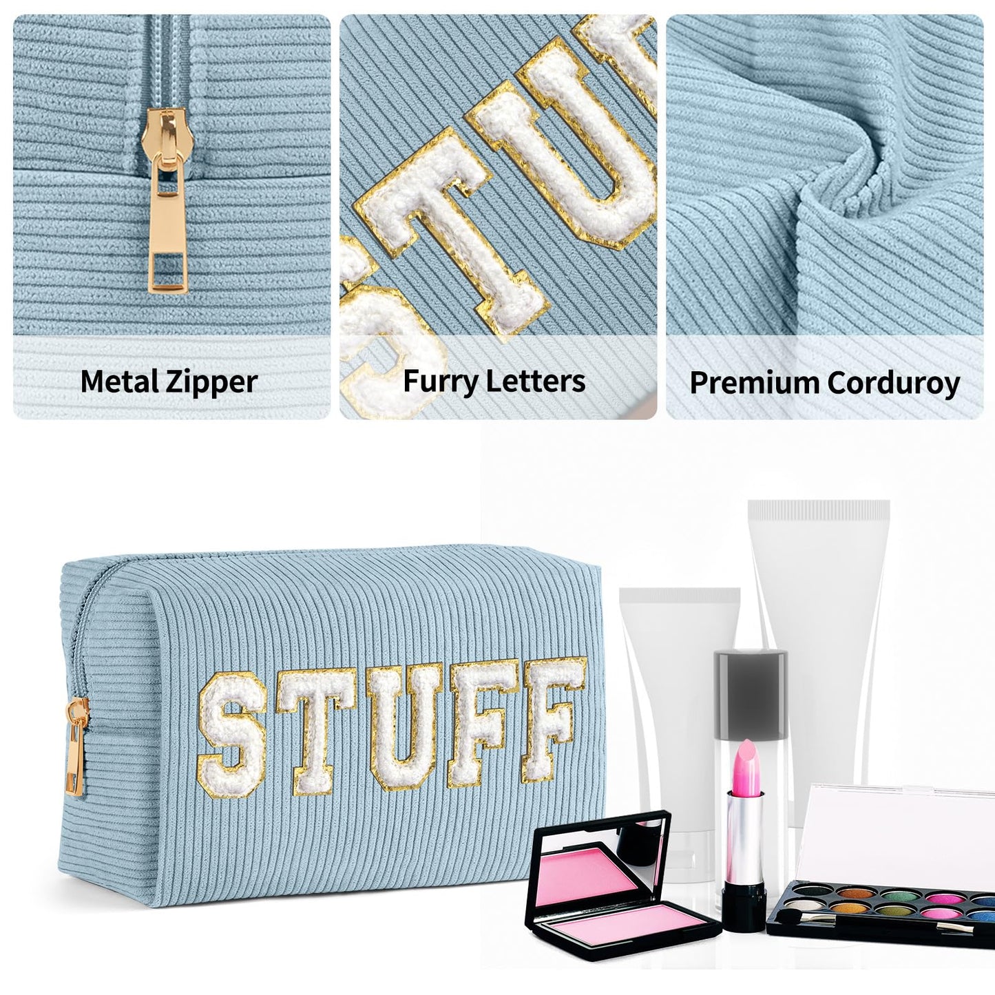 MAGEFY Makeup Bag Corduroy 2 Pcs Cosmetic Bags for Women Preppy Small Makeup Bag with Chenille Letter Patch Makeup Pouch Green+SKIN & Blue+STUFF