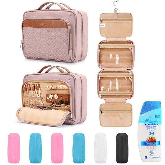 Travel Hanging Toiletry Bag for Women, Large Makeup Bag 8 Leak Proofing Silicone Bottle Covers, Waterproof Cosmetic Bag with Jewelry Organizer Compartment, Toiletries Kit Set, Pink